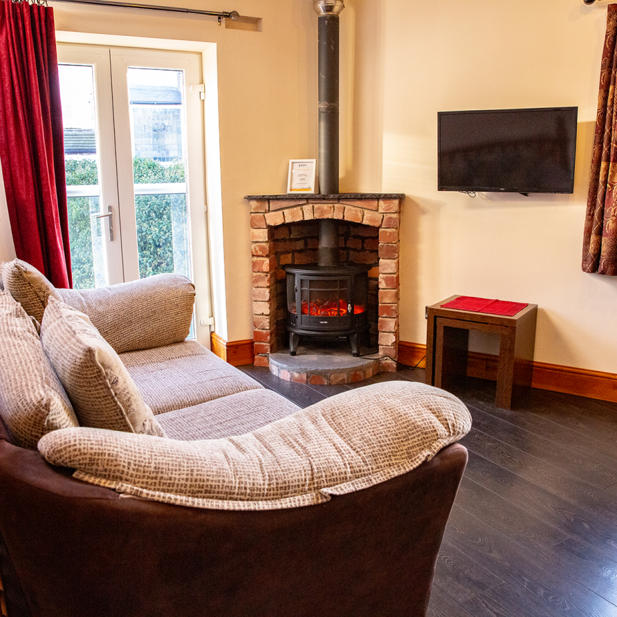 a living area with a log burner effect fire